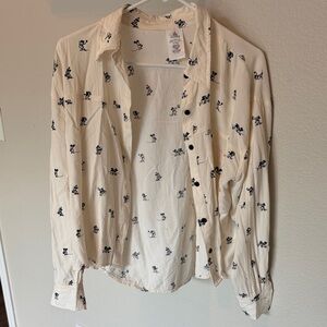 Disney Cream Button Down Shirt with Black Mickey & Minnie Character Print